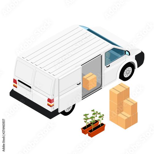 White realistic hi-detailed cargo van, minivan with boxes. Loading to the truck tomato seedling and cardboard boxes