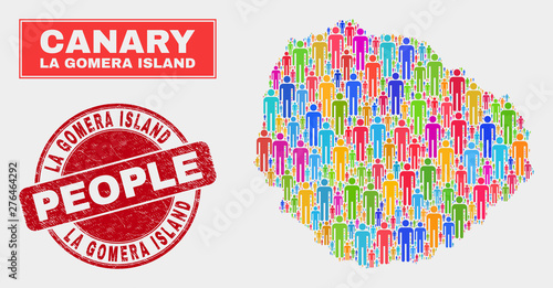 Demographic La Gomera Island map abstraction. People colorful mosaic La Gomera Island map of crowd, and red round textured stamp seal. Vector collage for population audience report.