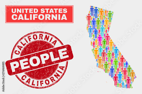 Demographic California State map illustration. People color mosaic California State map of crowd, and red round grunge stamp seal. Vector collage for nation mass plan.