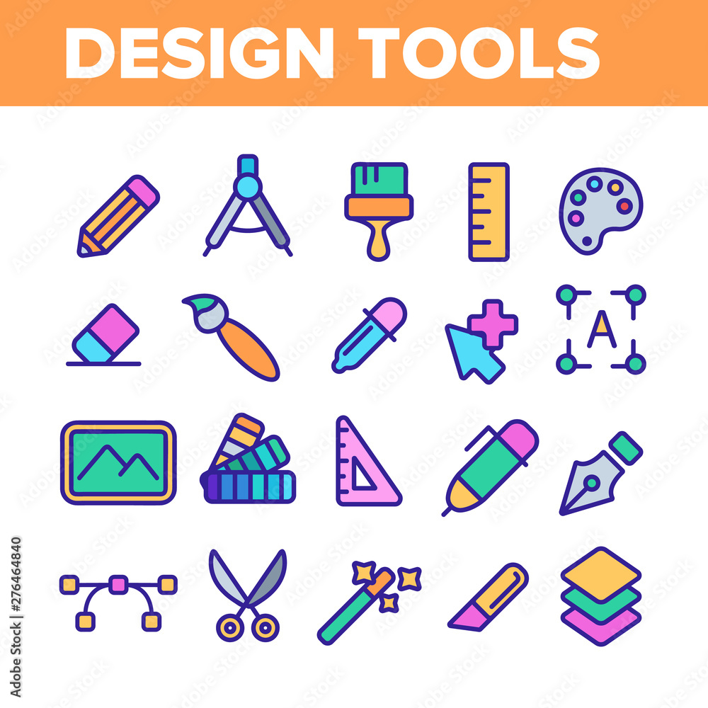 Design Tools Vector Thin Line Icons Set. Graphic Design Tools, Painting, Sketching Accessories Linear Pictograms. Drawing Equipment, Brushes, Pencils, Image Editing Instruments Contour Illustrations Design Tools Vector Thin Line Icons Set. Graphic Design Tools, Painting, Sketching Accessories Linear Pictograms. Drawing Equipment, Brushes, Pencils, Image Editing Instruments Contour Illustrations