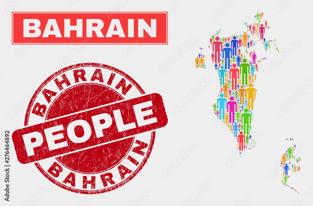 Demographic Bahrain map abstraction. People colorful mosaic Bahrain map of humans, and red rounded corroded seal. Vector collage for nation group presentation. Demographic Bahrain map abstraction. People colorful mosaic Bahrain map of humans, and red rounded corroded seal. Vector collage for nation group presentation.