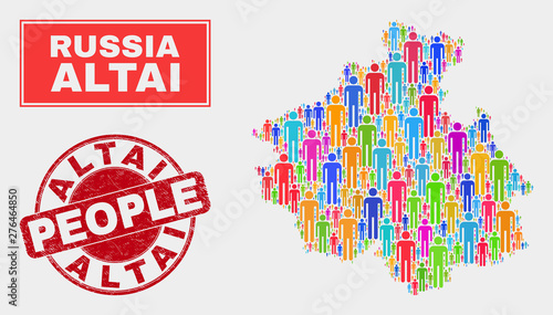 Demographic Altai Republic map abstraction. People color mosaic Altai Republic map of crowd, and red round grunge stamp seal. Vector combination for population mass presentation.