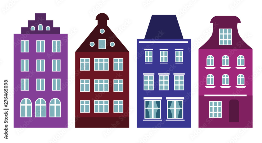 Set of Amsterdam style colored houses. Colorful of row typical dutch view at Netherlands. Stylized facades of old buildings. House skyline vector template. Background for card, banner. Urban landscape