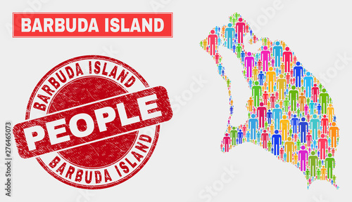 Demographic Barbuda Island map abstraction. People color mosaic Barbuda Island map of persons, and red round rubber stamp. Vector collage for nation mass plan.