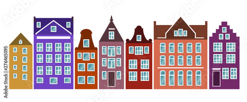 Set of Amsterdam style colored houses. Colorful of row typical dutch view at Netherlands. Stylized facades of old buildings. House skyline vector template. Background for card, banner. Urban landscape