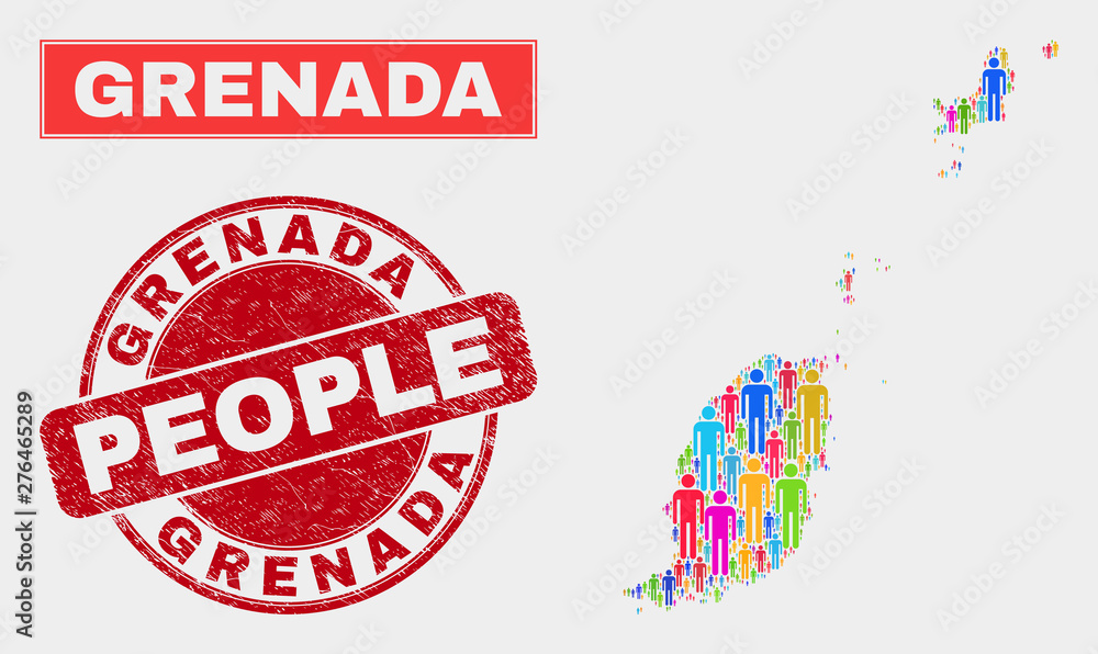 Demographic Grenada map illustration. People colorful mosaic Grenada map of humans, and red rounded unclean watermark. Vector collage for national community representation. Demographic Grenada map illustration. People colorful mosaic Grenada map of humans, and red rounded unclean watermark. Vector collage for national community representation.