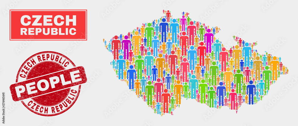 Demographic Czech Republic map abstraction. People colorful mosaic Czech Republic map of crowd, and red rounded textured seal. Vector combination for nation audience report.