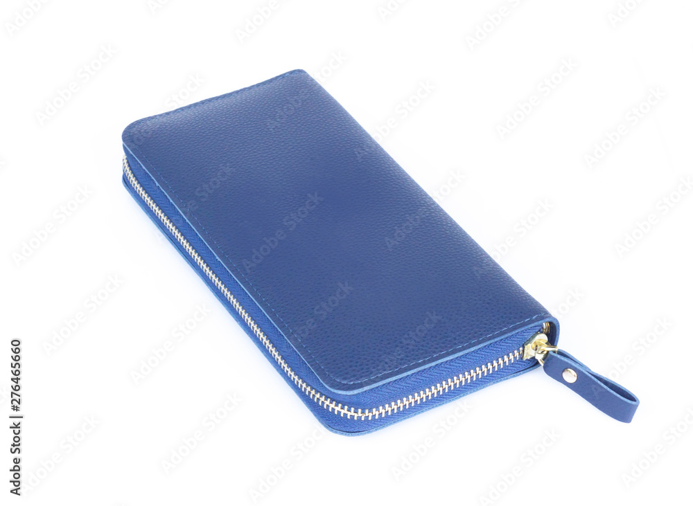 Closeup modern blue woman wallet fashion on white background Closeup modern blue woman wallet fashion on white background