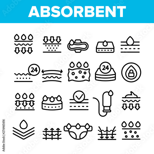 Absorbent, Absorbing Materials Vector Thin Line Icons Set. Absorbents For Moisture Control. Absorbing Breathable Textures For Children, Women Linear Pictograms. Water Drops Contour Illustrations