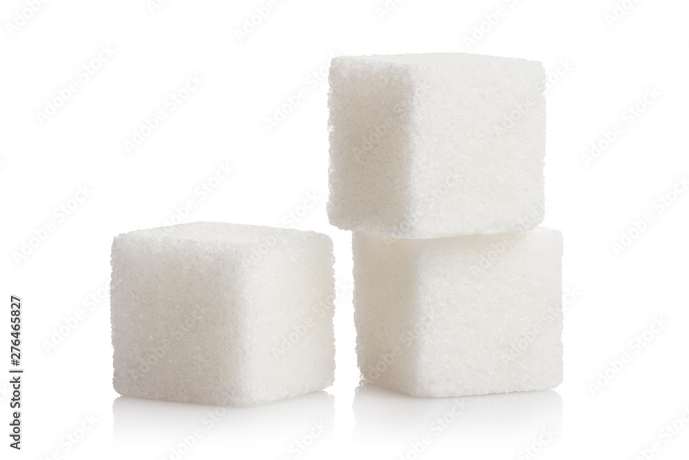 Close-up of three white sugar cubes, isolated on white background Close-up of three white sugar cubes, isolated on white background