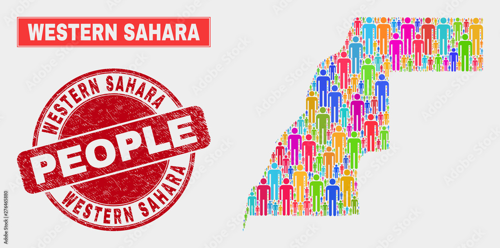Demographic Western Sahara map illustration. People color mosaic Western Sahara map of crowd, and red round unclean stamp. Vector combination for population audience presentation.