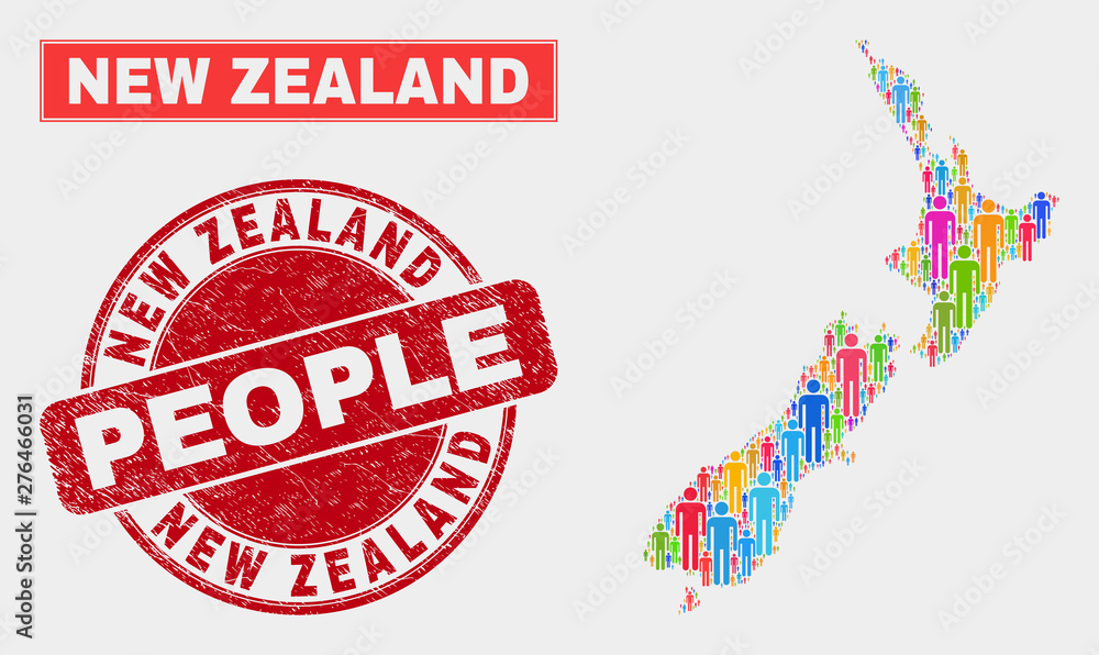 Demographic New Zealand map illustration. People color mosaic New Zealand map of guys, and red round rubber watermark. Vector combination for national audience plan. Demographic New Zealand map illustration. People color mosaic New Zealand map of guys, and red round rubber watermark. Vector combination for national audience plan.