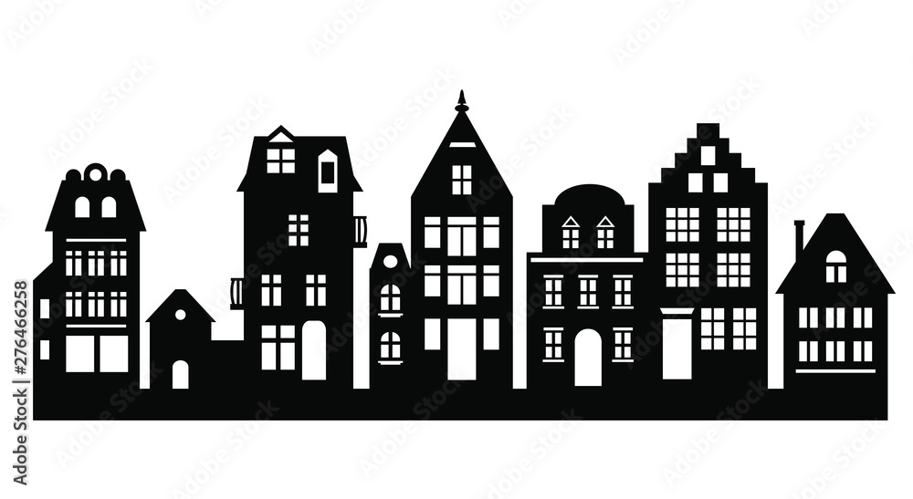 Laser cut Amsterdam style houses. Silhouette of row typical dutch canal houses at Netherlands. Stylized facade of old buildings. Wood carving, paper cut vector template. Background for banner, card.
