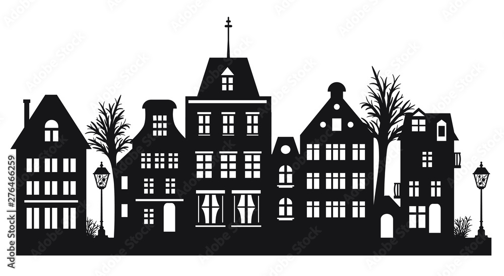 Laser cut Amsterdam style houses. Silhouette of row typical dutch canal houses at Netherlands. Stylized facade of old buildings. Wood carving, paper cut vector template. Background for banner, card.