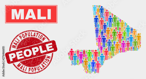 Demographic Mali map abstraction. People colorful mosaic Mali map of guys, and red rounded unclean stamp. Vector collage for nation public representation.