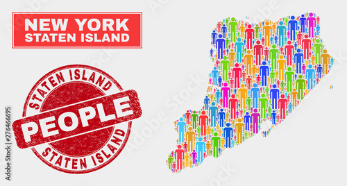 Demographic Staten Island map illustration. People colorful mosaic Staten Island map of humans, and red rounded corroded seal. Vector collage for nation public presentation.