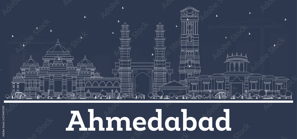 Outline Ahmedabad India City Skyline with White Buildings.