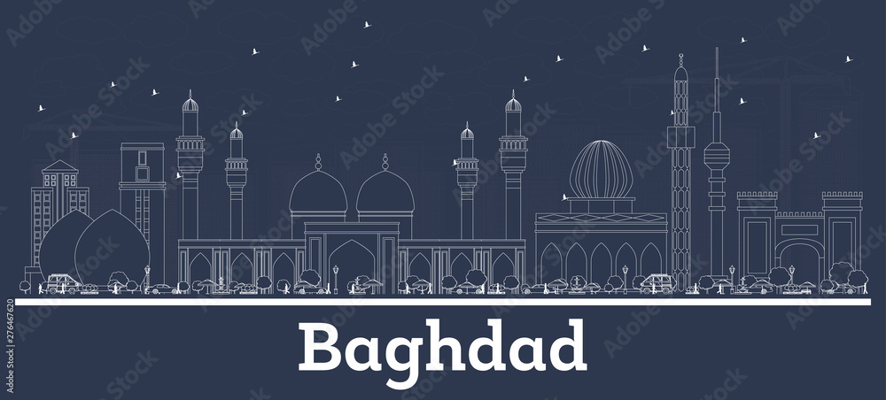 Outline Baghdad Iiraq City Skyline with White Buildings.