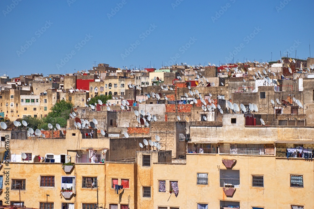 Panorama of Fes in Morocco with satellite antenas on the rooftops