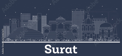 Outline Surat India City Skyline with White Buildings.