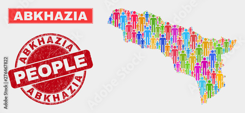 Demographic Abkhazia map illustration. People bright mosaic Abkhazia map of crowd, and red rounded corroded watermark. Vector collage for population mass presentation.