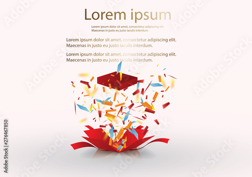 Open Red Gift Box and Confetti. Enter to Win Prizes. Vector Illustration.EPS 10.