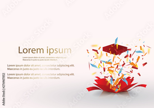 Open Red Gift Box and Confetti. Enter to Win Prizes. Vector Illustration.EPS 10.