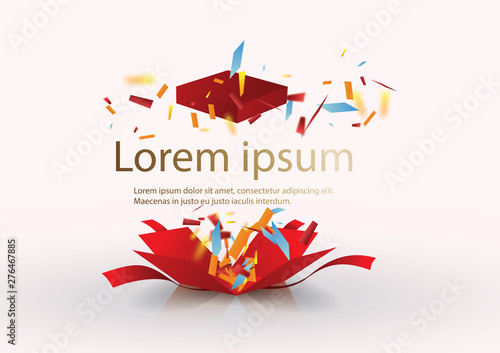 Open Red Gift Box and Confetti. Enter to Win Prizes. Vector Illustration.EPS 10.