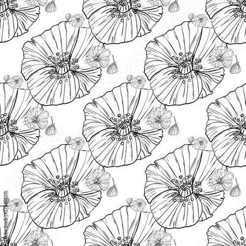 Flower popies graphic design. Cute seamless vector tile pattern. Retro vintage. line popie flower surface design. photo