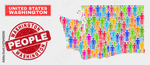 Demographic Washington State map illustration. People bright mosaic Washington State map of guys, and red rounded grunge watermark. Vector combination for nation mass representation.