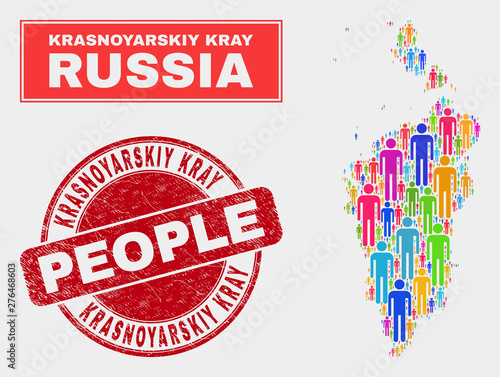 Demographic Krasnoyarskiy Kray map abstraction. People bright mosaic Krasnoyarskiy Kray map of crowd, and red round scratched watermark. Vector composition for national audience plan. photo