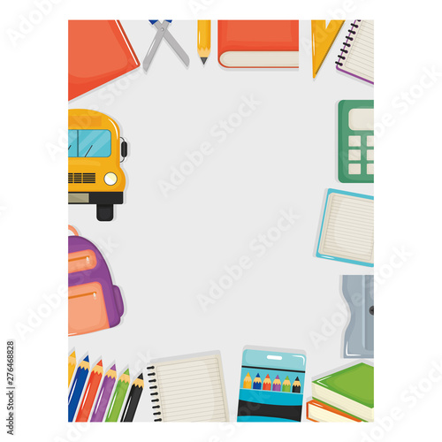 set of school supplies frame around