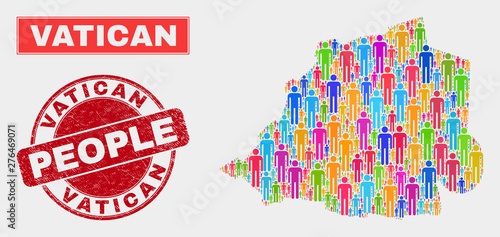 Demographic Vatican map abstraction. People bright mosaic Vatican map of men, and red round grunge stamp. Vector combination for national mass representation.