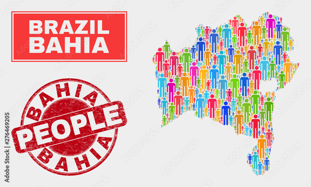 Demographic Bahia State map abstraction. People colorful mosaic Bahia State map of humans, and red rounded dirty stamp. Vector collage for population mass report.