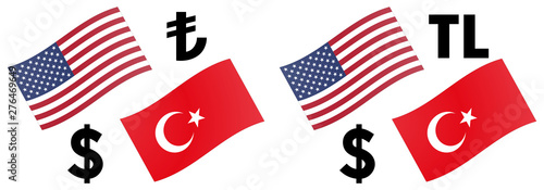 USDTRY forex currency pair vector illustration. American and Turkish flag, with Dollar and Lira symbol.