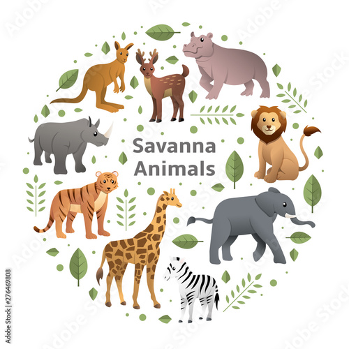 Fototapeta Naklejka Na Ścianę i Meble -  Savanna animals vector set. Wild animals cartoon collection, Jungle and African beast images. Vector illustration of African animals, Elephant, Giraffe, Zebra, Lion, isolated on transparent background