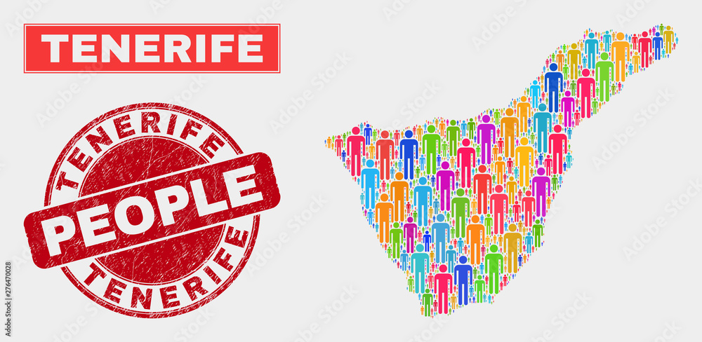Demographic Tenerife map illustration. People color mosaic Tenerife map of guys, and red rounded corroded stamp. Vector combination for national public report. Demographic Tenerife map illustration. People color mosaic Tenerife map of guys, and red rounded corroded stamp. Vector combination for national public report.