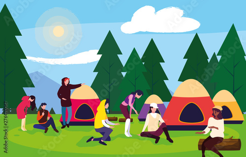 campers in camping zone with tents day landscape
