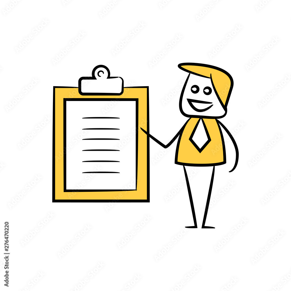businessman showing clipboard for business plan concept yellow doodle theme