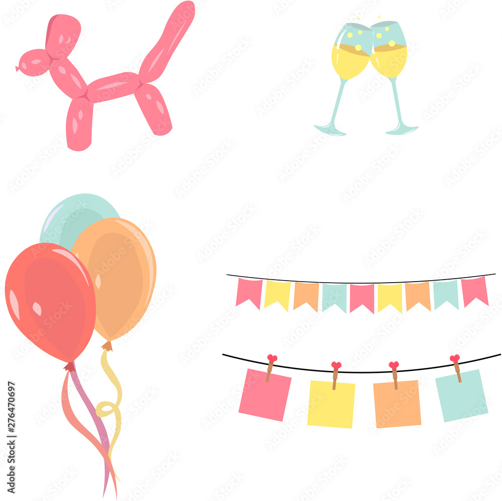 Set decor items for the holidays. Balls, garlands, champagne for celebrating a birthday, wedding, anniversary.