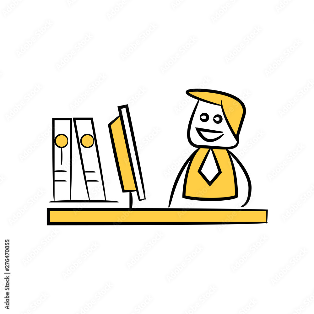 doodle stick figure businessman working on desktop