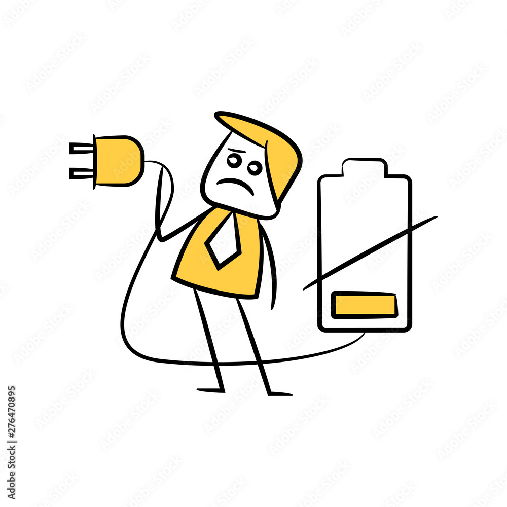 doodle stick figure exhausting and very tired businessman low energy of battery