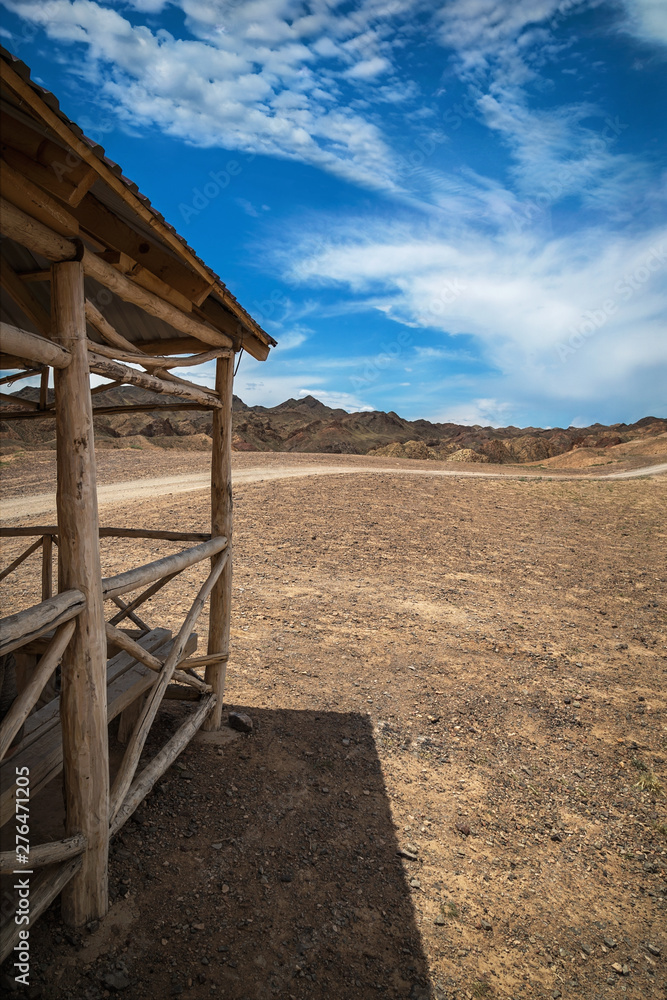 Wooden bower in the Kazakhstan desert, Charyn canyon Wooden bower in the Kazakhstan desert, Charyn canyon