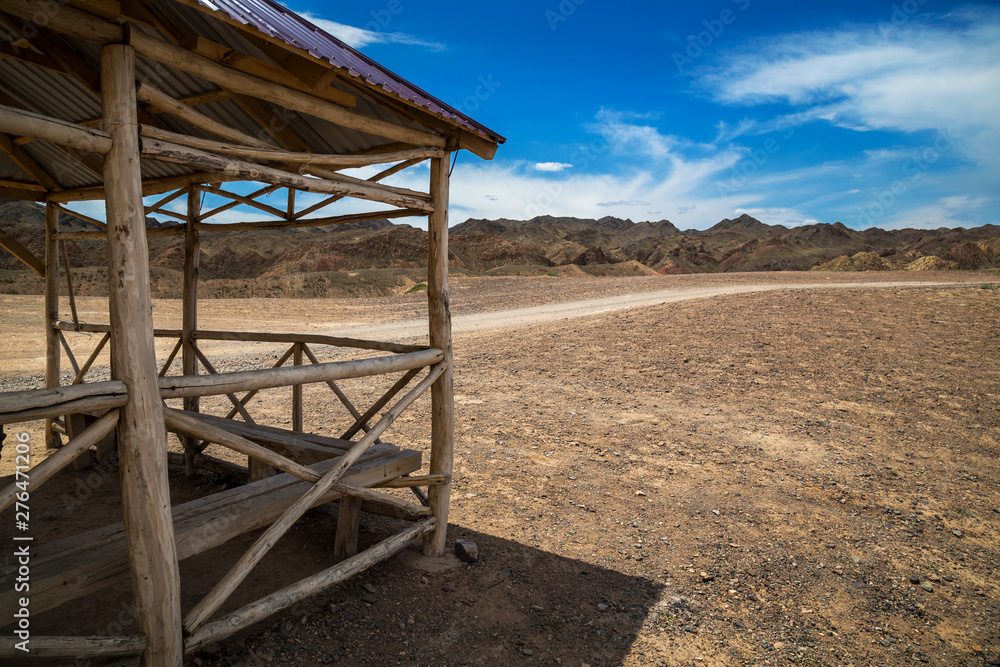 Wooden bower in the Kazakhstan desert, Charyn canyon Wooden bower in the Kazakhstan desert, Charyn canyon