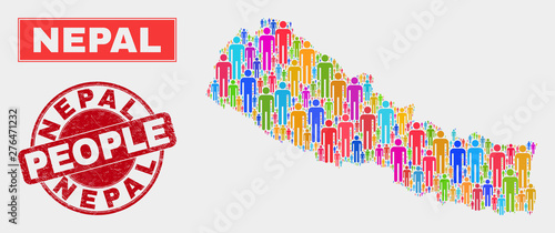 Demographic Nepal map abstraction. People color mosaic Nepal map of humans, and red round corroded watermark. Vector combination for nation audience representation.