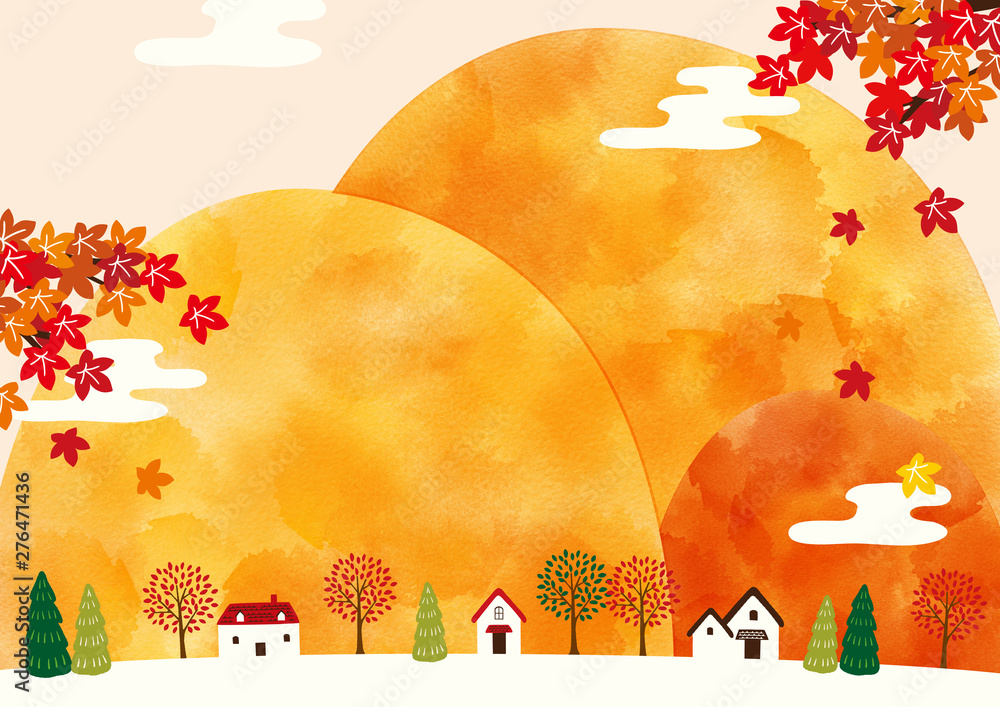 水彩 秋の山と街並 風景 背景イラスト Stock イラスト Adobe Stock