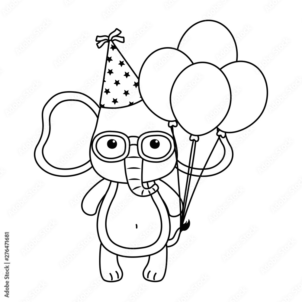 Naklejka premium Elephant cartoon with happy birthday icon design