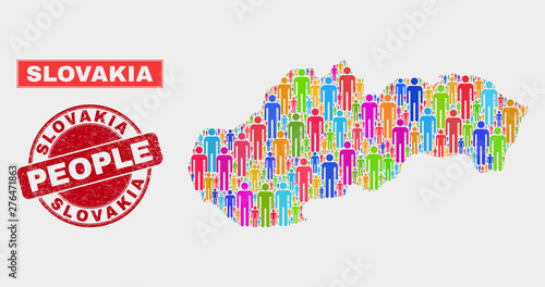 Demographic Slovakia map illustration. People colorful mosaic Slovakia map of crowd, and red rounded grunge stamp. Vector collage for population audience report.