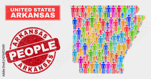 Demographic Arkansas State map abstraction. People bright mosaic Arkansas State map of crowd, and red round textured seal. Vector composition for population audience report.