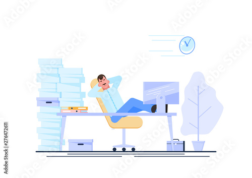 Business man is resting at his workplace desk during working hours with the piles of paper document around. Procrastinating and wasting time concept. Vector illustration. - Vector